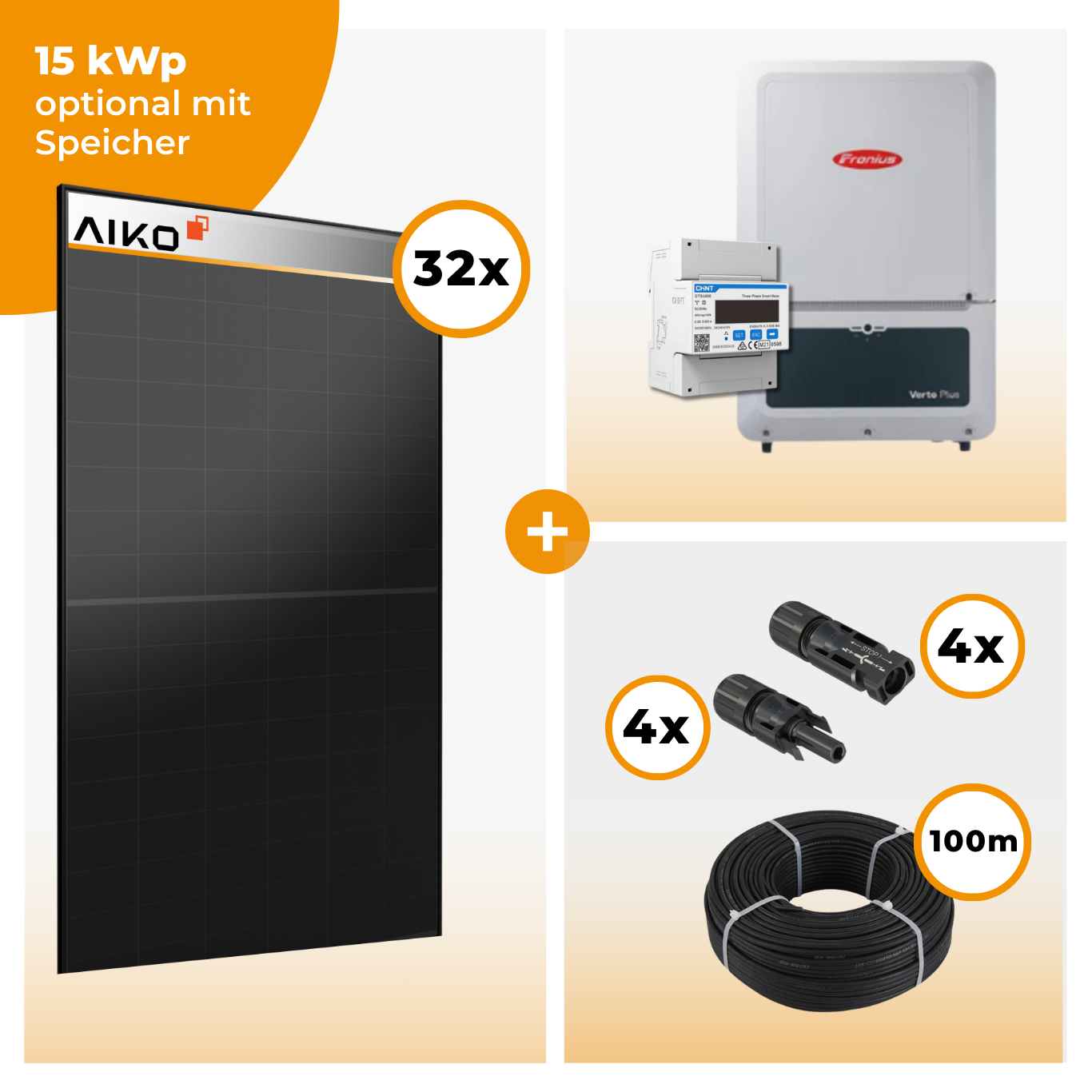 PV Komplettset 15 kWp – 32 x Aiko 470 Neostar 3S+ & Fronius Verto Plus 15.0 opt. BYD HVM Speichereinheit