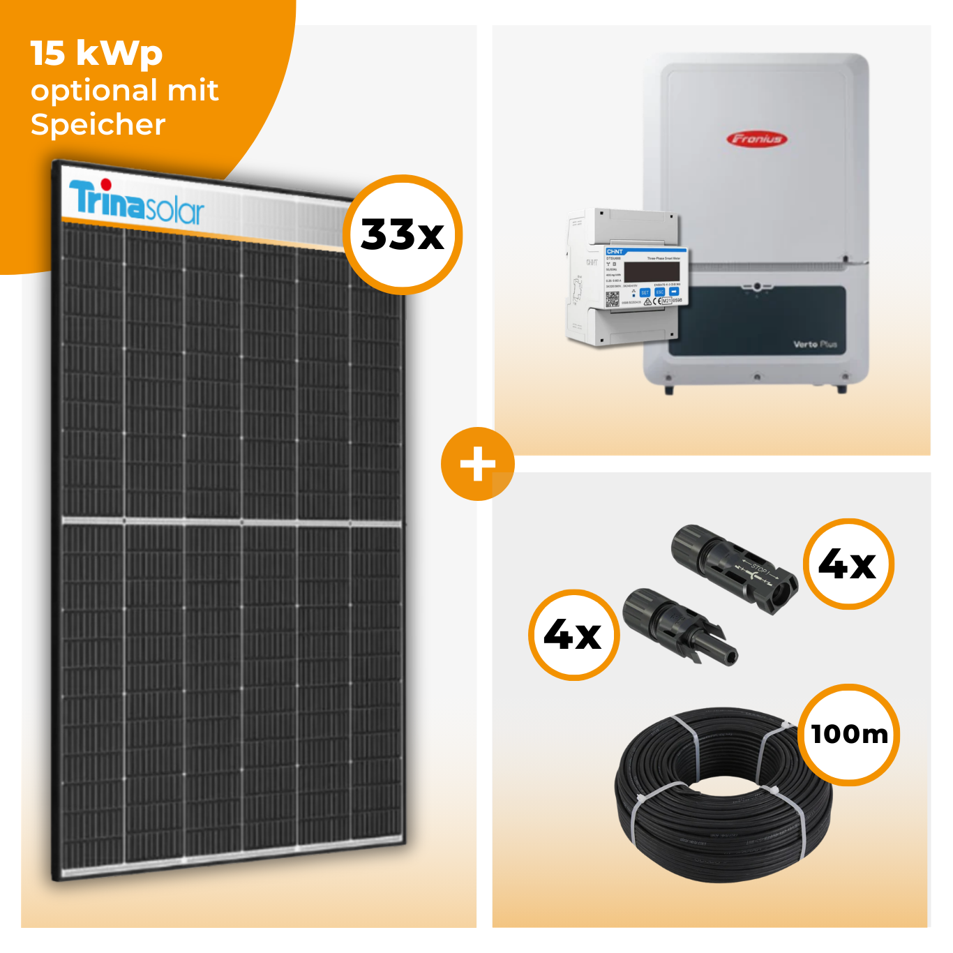 PV Komplettset 15 kWp – 33 x Trina 455 Black Frame & Fronius Verto Plus 15.0 opt. BYD HVM Speichereinheit