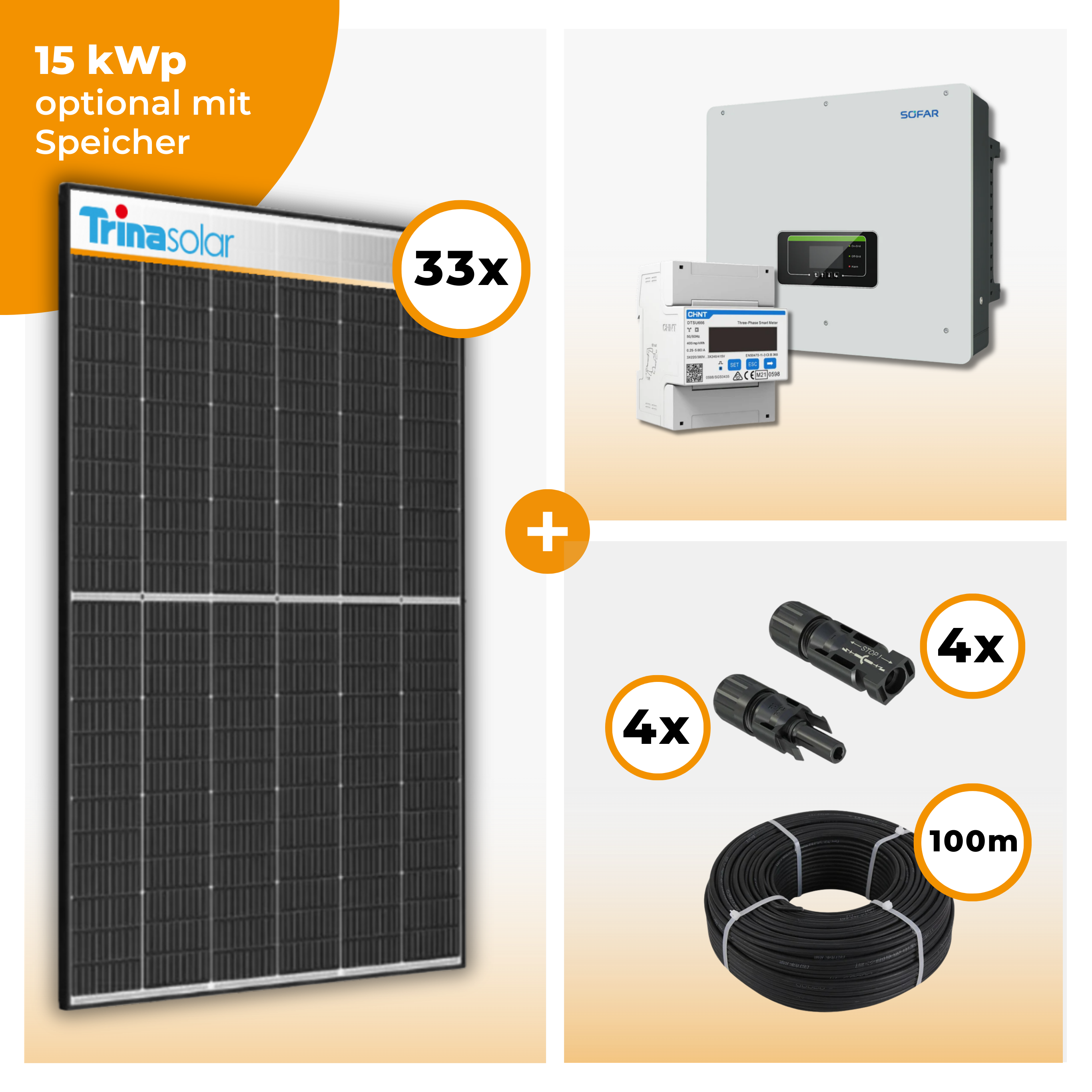 PV Komplettset 15 kWp – 33 x Trina 455 Black Frame  & SofarSolar HYD KTL-3PH opt. SofarSolar BTS DS5 Speicher
