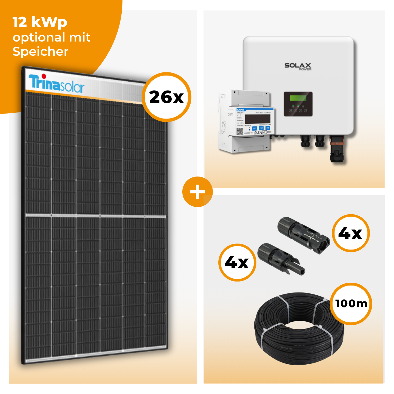 PV Komplettset 12 kWp – 26 x Trina 455 Black Frame & Solax X3 Hybrid opt. T-BAT SYS Speicher