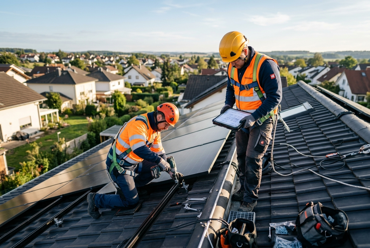 Arbeiter installieren Solarpaneele auf dem Dach